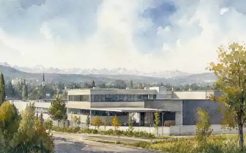 Dormakaba Holding AG (CH0011795959) im Aquarell-Stil dargestellt: ruhiger Industriestandort nahe Zürich mit Bergpanorama im Hintergrund - Foto: THN
