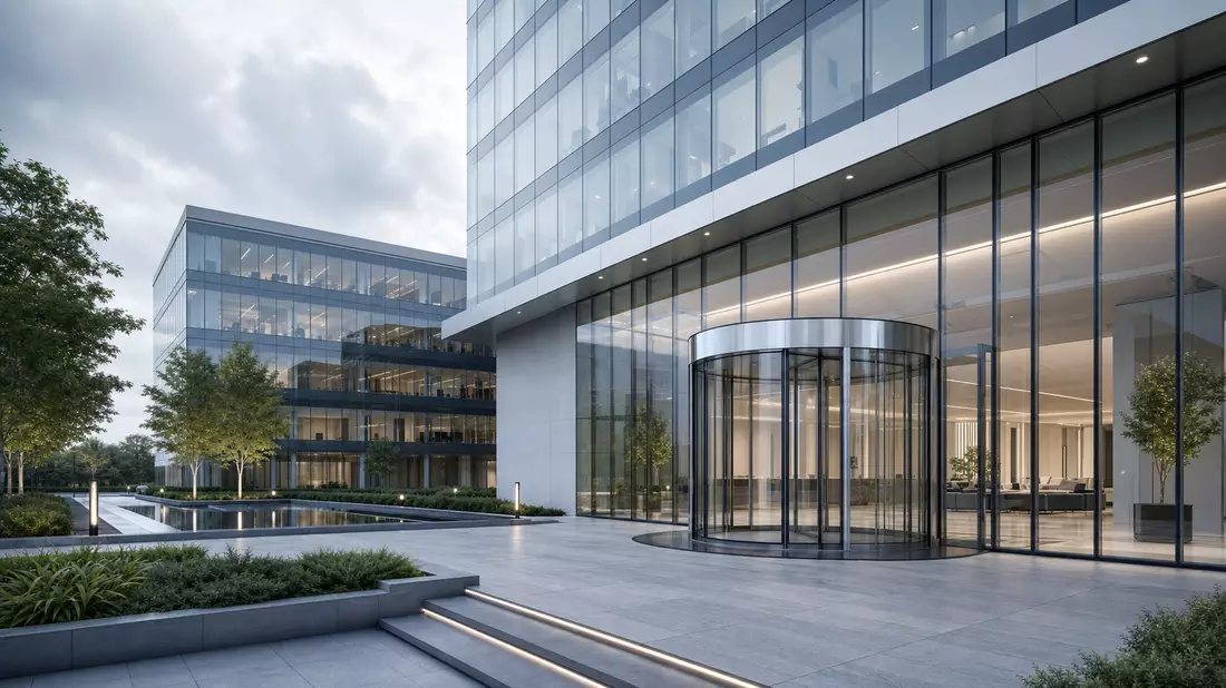 Architektonischer 3D-Render einer modernen Firmenzentrale mit gläsernem Drehtür-Eingang