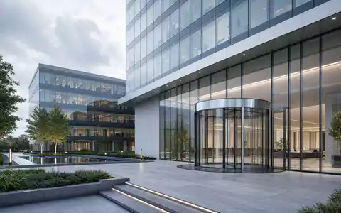 Dormakaba Holding AG (CH0011795959) zeigt Architektur-Render einer modernen Firmenzentrale mit gläsernem Drehtür-Eingangssystem und Grünanlage - Foto: THN