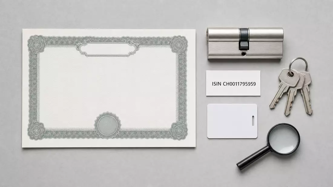 Flatlay mit Aktienzertifikat, ISIN-Karte, Schließzylinder und Zutrittskarte auf grauem Untergrund