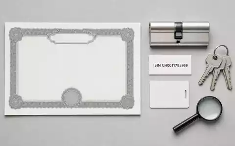 Dormakaba Holding AG (CH0011795959) präsentiert Flatlay mit Aktienzertifikat, ISIN-Karte, Schließzylinder, Schlüsseln und Zutrittskarte - Foto: THN