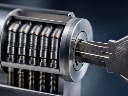 Dormakaba Holding AG (CH0011795959) zeigt Makroaufnahme eines präzisen Schließzylinder-Mechanismus mit eingestecktem Metallschlüssel - Foto: THN