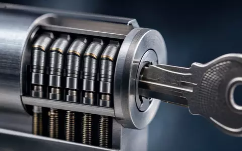 Dormakaba Holding AG (CH0011795959) zeigt Makroaufnahme eines präzisen Schließzylinder-Mechanismus mit eingestecktem Metallschlüssel - Foto: THN