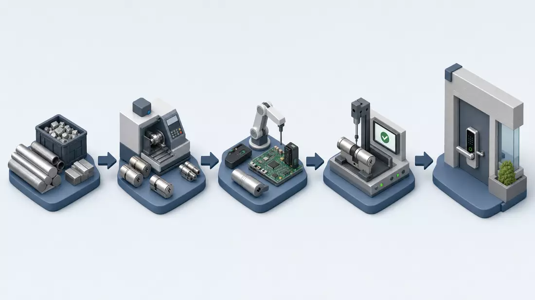Isometrische 3D-Grafik der Wertschöpfungskette von Metallverarbeitung bis Türinstallation