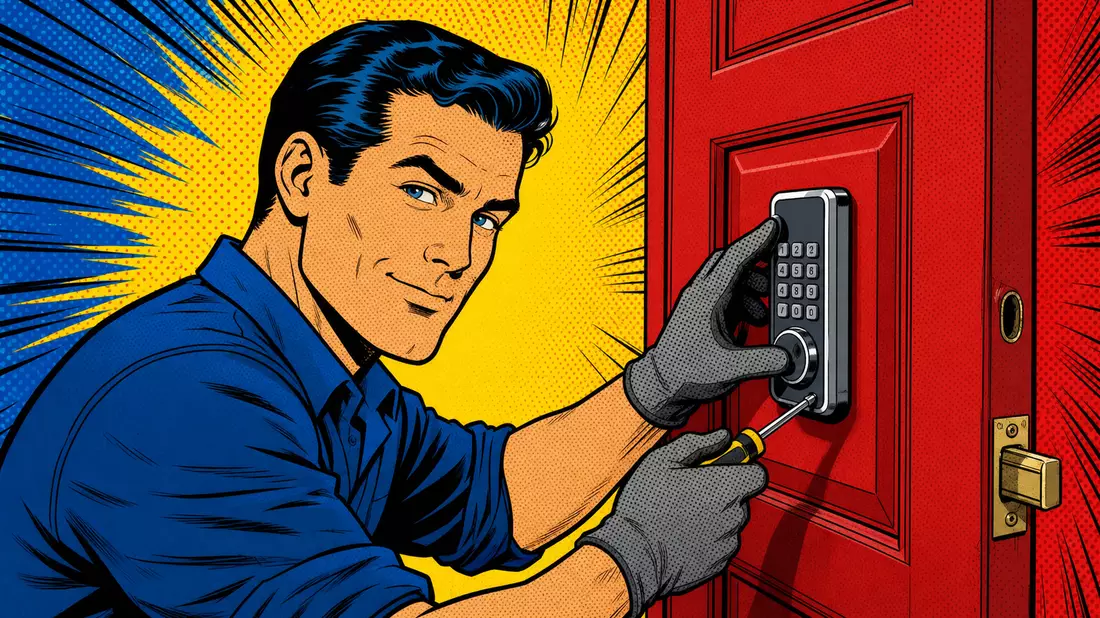 Pop-Art-Comic eines Technikers bei Installation eines elektronischen Zahlenschlosses