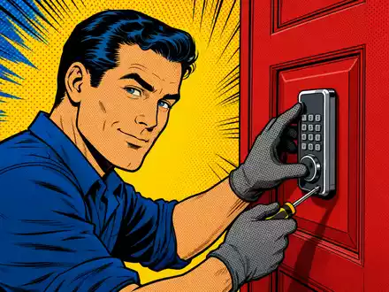 Dormakaba Holding AG (CH0011795959) als farbenfrohes Pop-Art-Comic: Techniker installiert elektronisches Zahlenschloss an roter Tür - Foto: THN