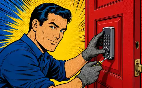 Dormakaba Holding AG (CH0011795959) als farbenfrohes Pop-Art-Comic: Techniker installiert elektronisches Zahlenschloss an roter Tür - Foto: THN