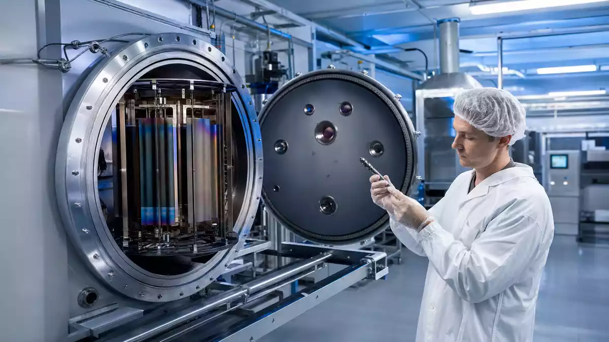 Fotorealistische Beschichtungsanlage mit Techniker in industrieller Reinraumumgebung
