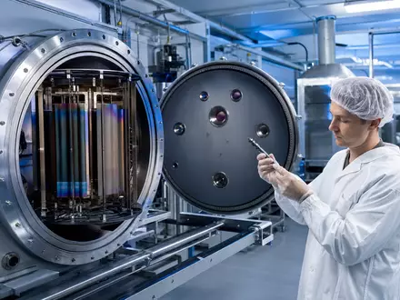 OC Oerlikon Corporation AG (CH0000816824) zeigt Fotorealismus einer Beschichtungsanlage mit Techniker in moderner Reinraumhalle heute - Foto: THN