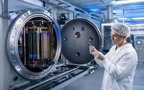 OC Oerlikon Corporation AG (CH0000816824) zeigt Fotorealismus einer Beschichtungsanlage mit Techniker in moderner Reinraumhalle heute - Foto: THN