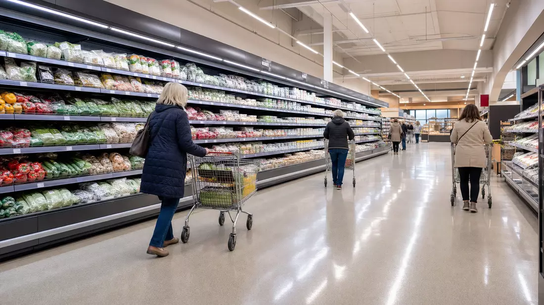 Fotorealistischer Supermarktgang mit Einkaufswagen und Regalen, Symbolbild für Einzelhandel