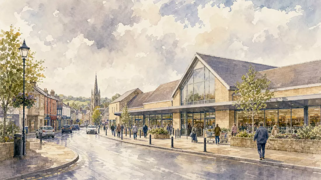 Aquarellmalerei einer britischen Einkaufsstraße mit großem Supermarktgebäude im Zentrum