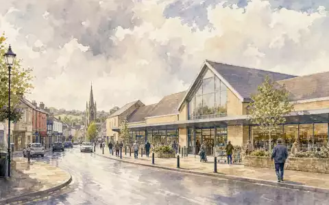 Tesco plc (ISIN GB00BLGZ9862) prägt britische Einkaufsstraßen, künstlerisch dargestellt als malerische Aquarell-Ansicht - Foto: THN