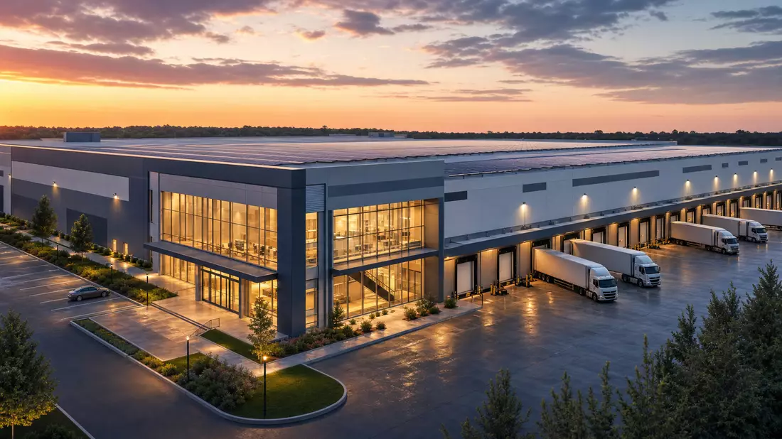 Architektur-Render eines modernen Verteilzentrums mit Lastwagen an Laderampen im Abendlicht