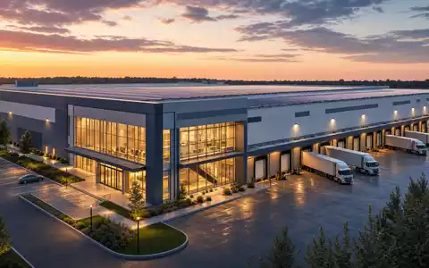 Tesco plc (ISIN GB00BLGZ9862) nutzt moderne Logistikzentren, visualisiert als futuristisches Architektur-Render bei Dämmerung - Foto: THN