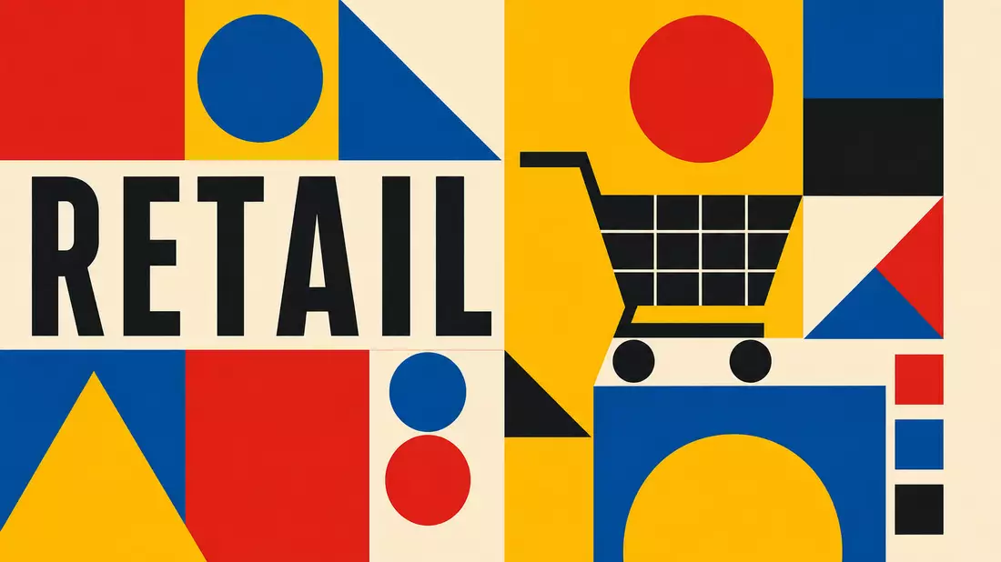 Bauhaus-Poster mit geometrischen Formen, Einkaufswagen-Symbol und Schriftzug RETAIL