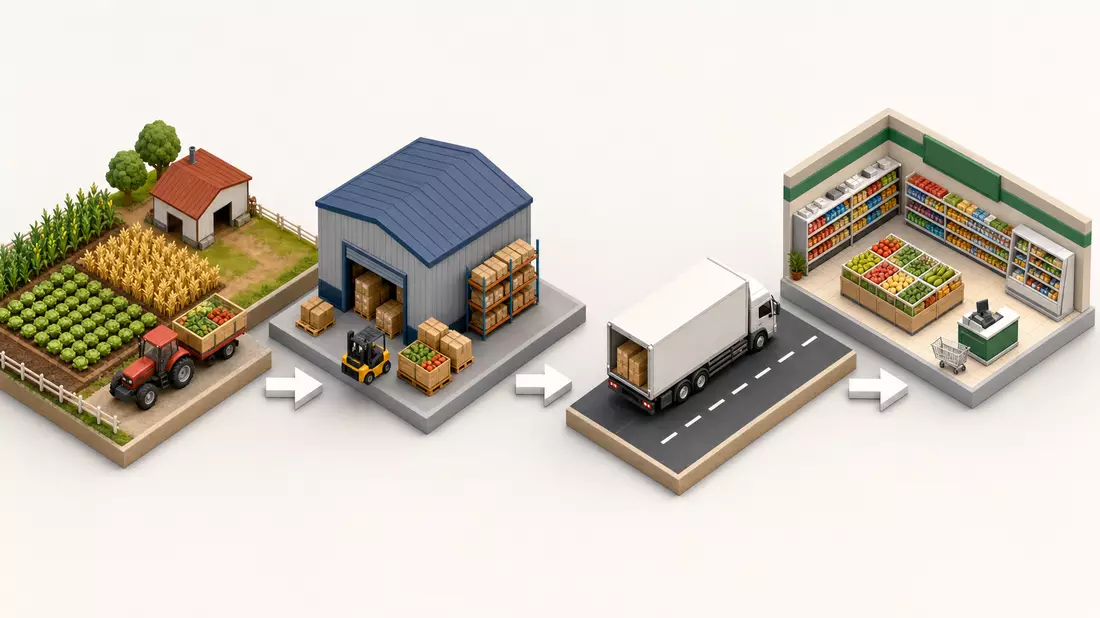 Isometrische 3D-Grafik der Lieferkette von Farm über Lager und Lastwagen bis zum Supermarkt