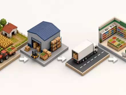 Tesco plc (ISIN GB00BLGZ9862) steuert komplexe Lieferketten, isometrisch illustriert von Farm bis Verkaufsregal - Foto: THN