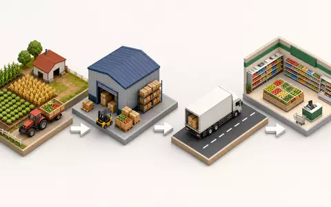 Tesco plc (ISIN GB00BLGZ9862) steuert komplexe Lieferketten, isometrisch illustriert von Farm bis Verkaufsregal - Foto: THN