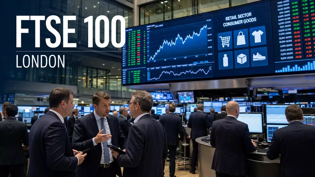 Börsen-Editorial mit Händlern und Kursbildschirmen am Handelsplatz in London, FTSE 100