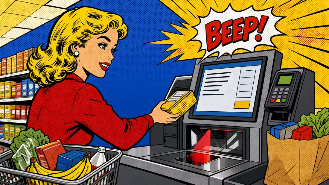 Pop-Art-Comic zeigt Kundin an Selbstbedienungskasse mit Soundeffekt BEEP im Supermarkt