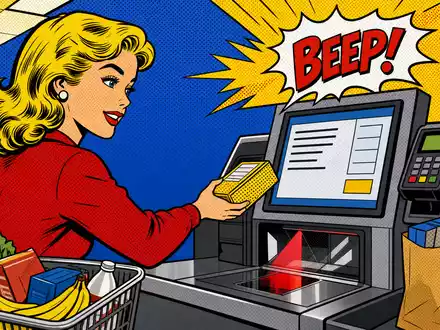 Tesco plc (ISIN GB00BLGZ9862) setzt auf Selbstbedienungskassen, comichaft inszeniert im knalligen Pop-Art-Stil mit Soundeffekt - Foto: THN