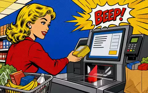 Tesco plc (ISIN GB00BLGZ9862) setzt auf Selbstbedienungskassen, comichaft inszeniert im knalligen Pop-Art-Stil mit Soundeffekt - Foto: THN