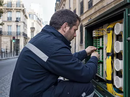 Orange S.A. (FR0000133308) betreibt Glasfasernetze, hier zeigt ein Techniker Wartungsarbeiten an Verteilerkasten - Foto: THN