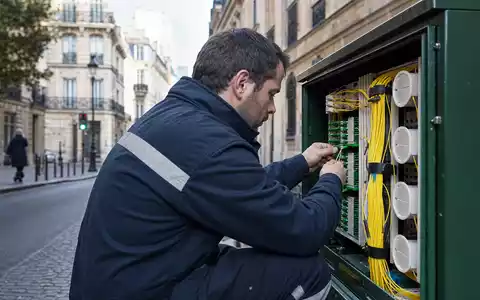 Orange S.A. (FR0000133308) betreibt Glasfasernetze, hier zeigt ein Techniker Wartungsarbeiten an Verteilerkasten - Foto: THN