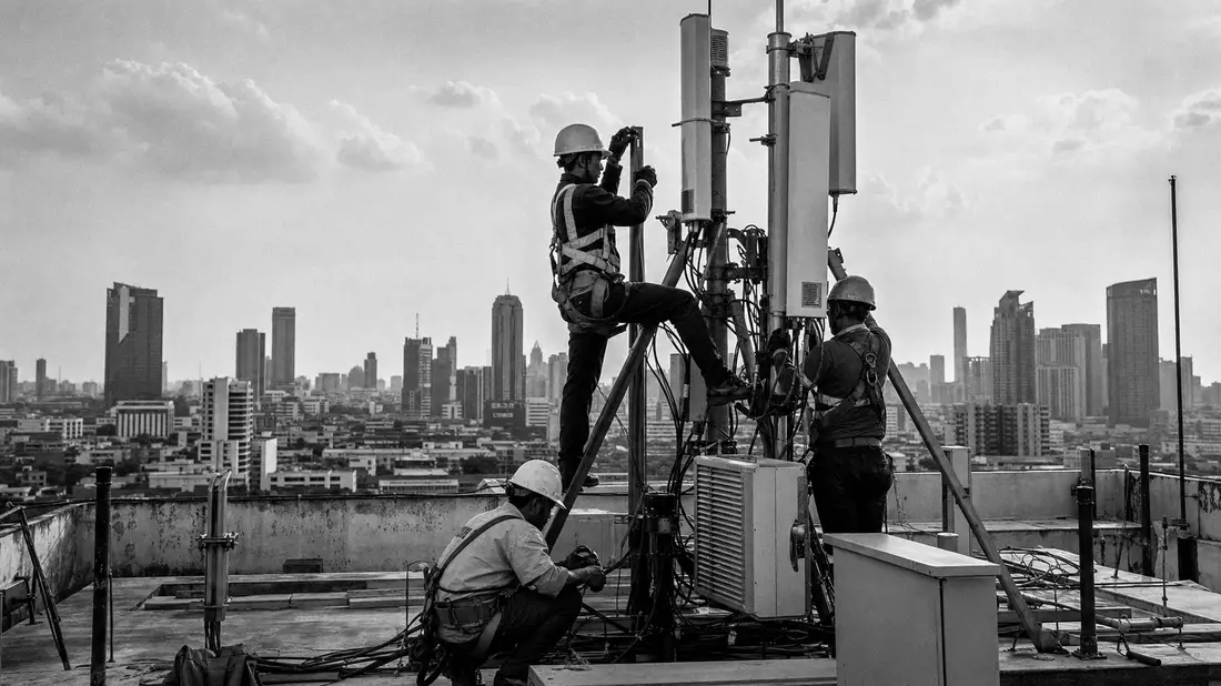 Schwarzweiß-Reportagefoto von Technikern bei Installation eines Mobilfunkmasts auf Hausdach