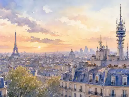 Orange S.A. (FR0000133308) hat Hauptsitz in Paris, Aquarellbild zeigt Skyline mit Kommunikationsturm bei Sonnenuntergang - Foto: THN