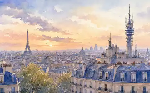 Orange S.A. (FR0000133308) hat Hauptsitz in Paris, Aquarellbild zeigt Skyline mit Kommunikationsturm bei Sonnenuntergang - Foto: THN