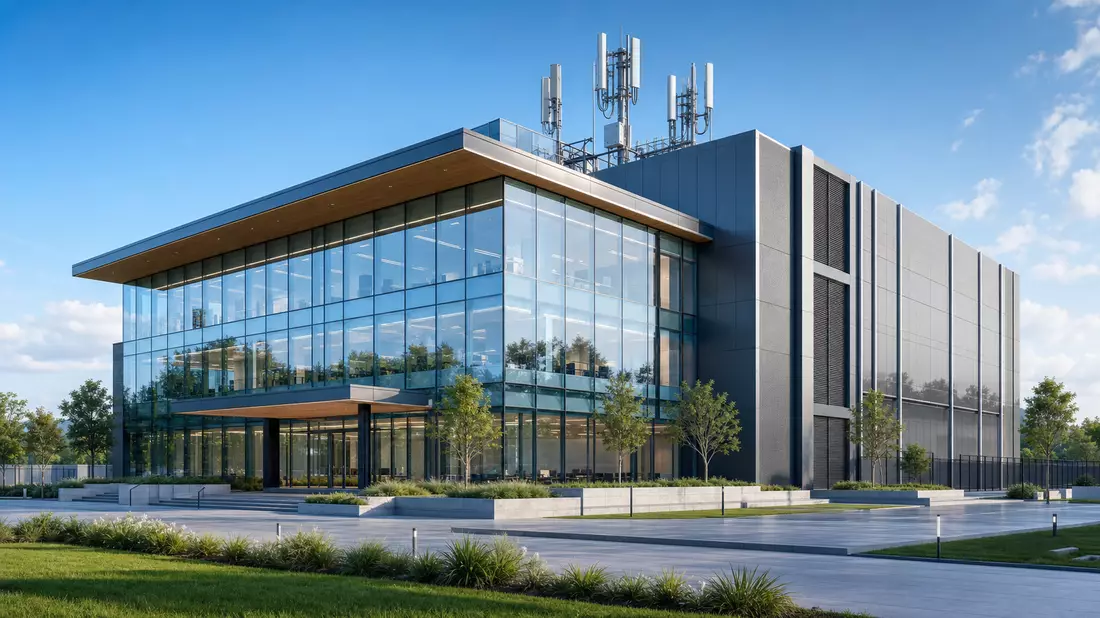 Architektur-Render eines modernen Rechenzentrums mit Antennenanlage auf dem Dach