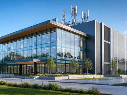 Orange S.A. (FR0000133308) benötigt moderne Rechenzentren, Render zeigt Glasgebäude mit 5G-Antennenanlage auf Dach - Foto: THN