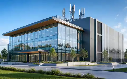 Orange S.A. (FR0000133308) benötigt moderne Rechenzentren, Render zeigt Glasgebäude mit 5G-Antennenanlage auf Dach - Foto: THN