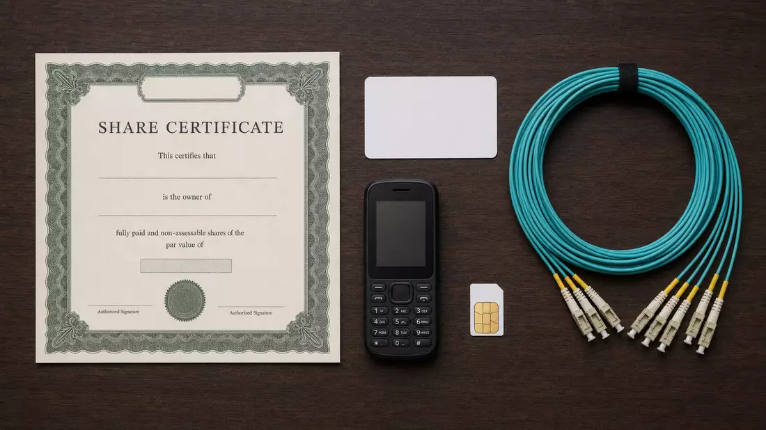 Flatlay-Aufnahme von Aktienzertifikat, Mobiltelefon, SIM-Karte und Glasfaserkabelrolle