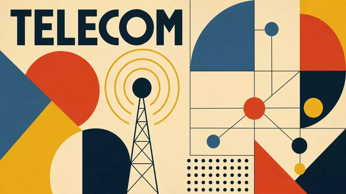 Bauhaus-Poster mit geometrischen Formen, Funkturm-Symbol und Schriftzug TELECOM