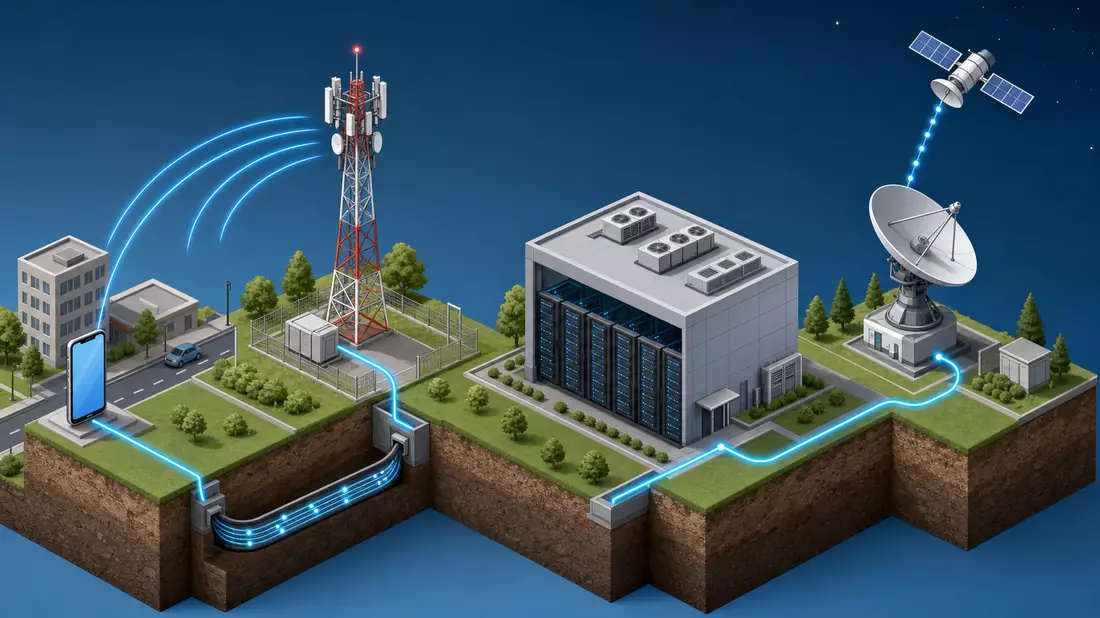 Isometrische 3D-Grafik der Telekom-Wertschöpfungskette: Mast, Rechenzentrum, Satellit