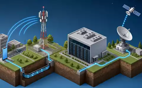 Orange S.A. (FR0000133308) betreibt Netzinfrastruktur, isometrische Grafik zeigt Wertschöpfungskette von Mast bis Satellit - Foto: THN