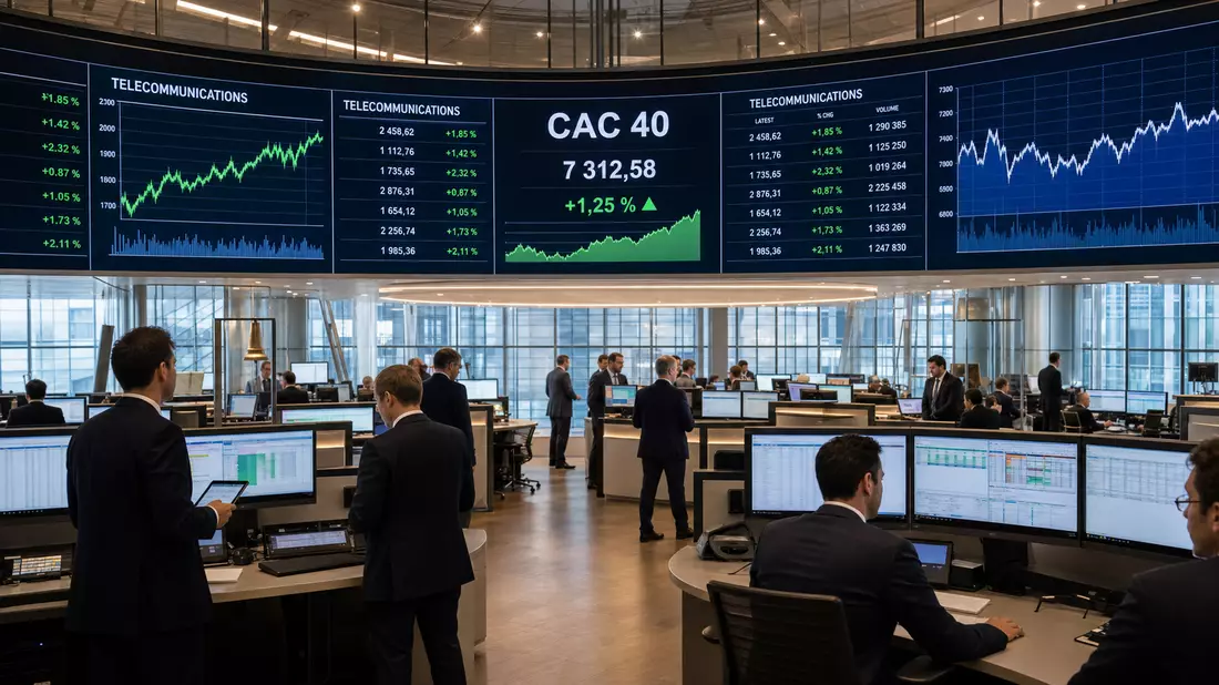 Editorial-Foto vom Börsenhandelssaal mit Bildschirmen für Telekom-Aktienkurse und CAC 40