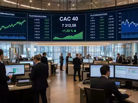 Orange S.A. (FR0000133308) notiert im CAC 40, Editorial-Foto zeigt Handelssaal mit Telekommunikations-Kursdaten - Foto: THN