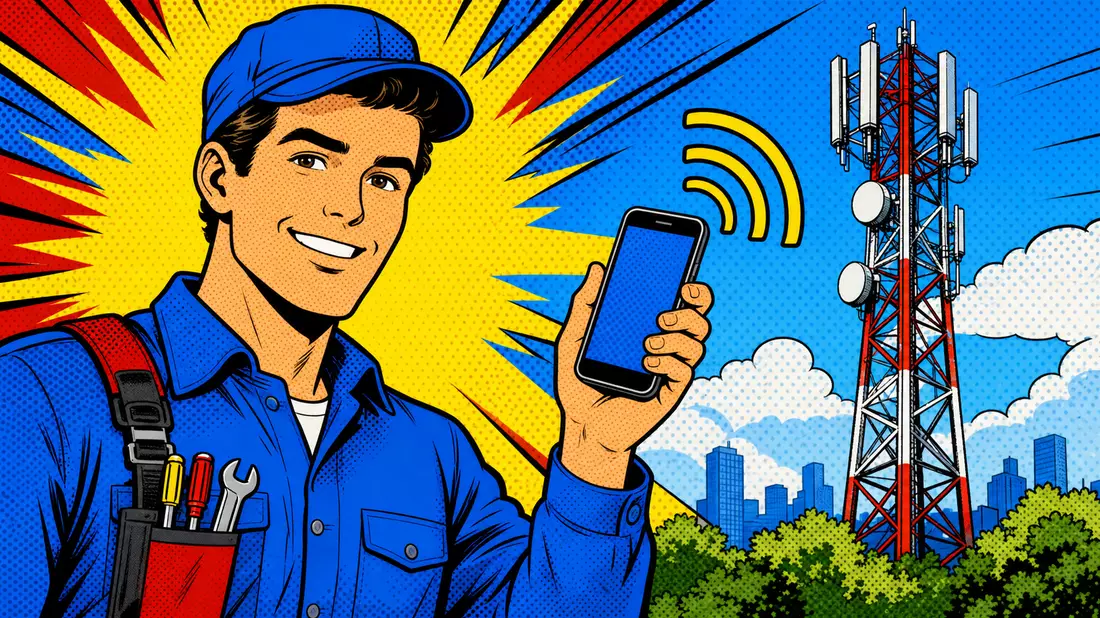Pop-Art-Comic-Illustration eines Technikers mit Smartphone vor buntem Mobilfunkmast-Motiv