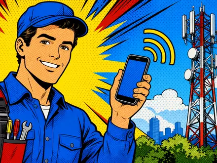 Orange S.A. (FR0000133308) steht für mobile Kommunikation, Pop-Art-Comic zeigt lächelnden Techniker mit Smartphone - Foto: THN
