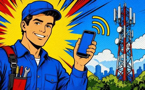 Orange S.A. (FR0000133308) steht für mobile Kommunikation, Pop-Art-Comic zeigt lächelnden Techniker mit Smartphone - Foto: THN