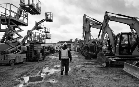 Schwarzweiß-Reportage dokumentiert Ashtead Group plc, ISIN GB0000533728, Baumaschinen-Vermieter auf schlammiger amerikanischer Großbaustelle mit Arbeiter - Foto: THN