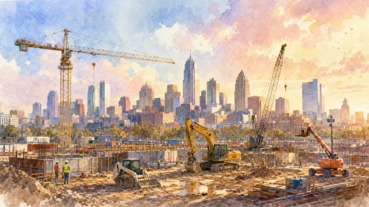 Aquarellbild Baustelle mit Kränen und Skyline, Ashtead Group plc, ISIN GB0000533728