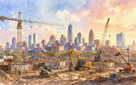 Aquarell-Illustration symbolisiert Ashtead Group plc, ISIN GB0000533728, Baukräne vor amerikanischer Großstadt-Skyline bei Sonnenuntergang - Foto: THN