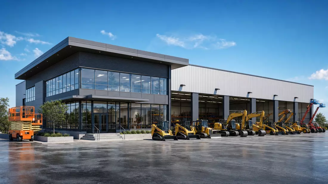 Architektur-Render eines Vermietungsdepots mit Maschinenflotte, Ashtead Group plc, ISIN GB0000533728