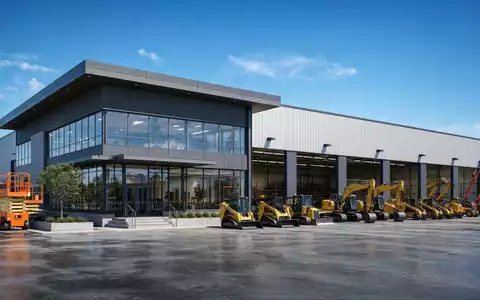 Architektur-Render zeigt modernes Vermietungsdepot von Ashtead Group plc, ISIN GB0000533728, mit Baumaschinenflotte davor - Foto: THN