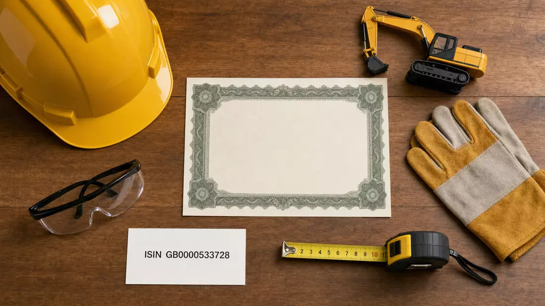 Flatlay mit Helm, ISIN-Karte und Miniaturbagger, Ashtead Group plc, GB0000533728